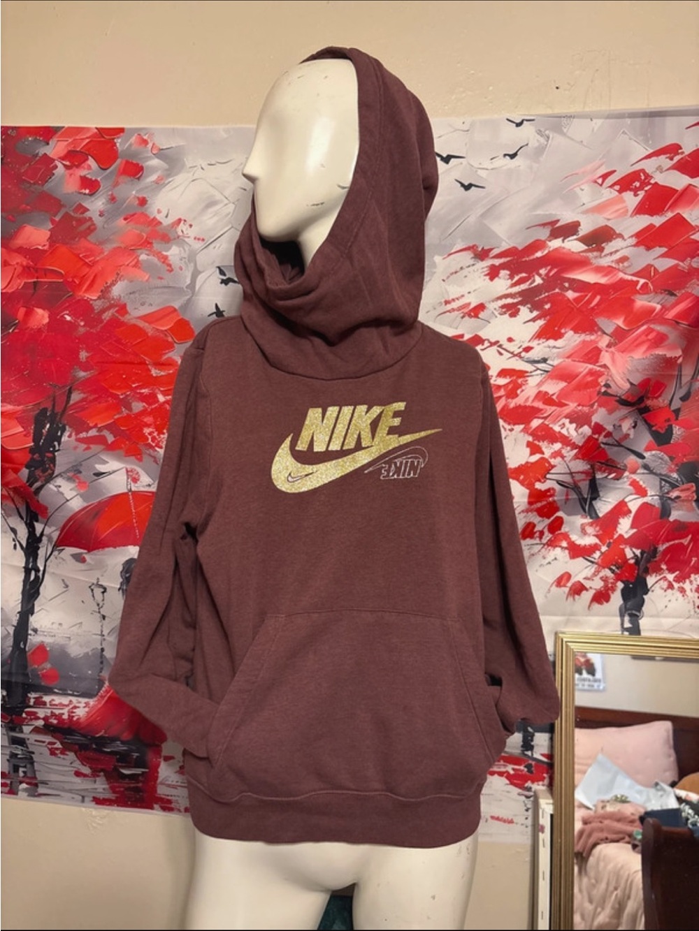 Nike maroon Crewneck Hoodie with Gold Logo